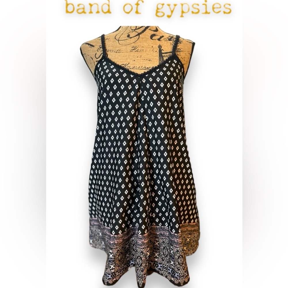 Band of Gypsies Boho Black & White Paisley Geo Pattern Dress Tunic Adj Straps S